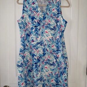 Stella Parker Sz S Floral Blue/Pink/White Midi Dress. Ruffled V Neck. POCKETS!!!